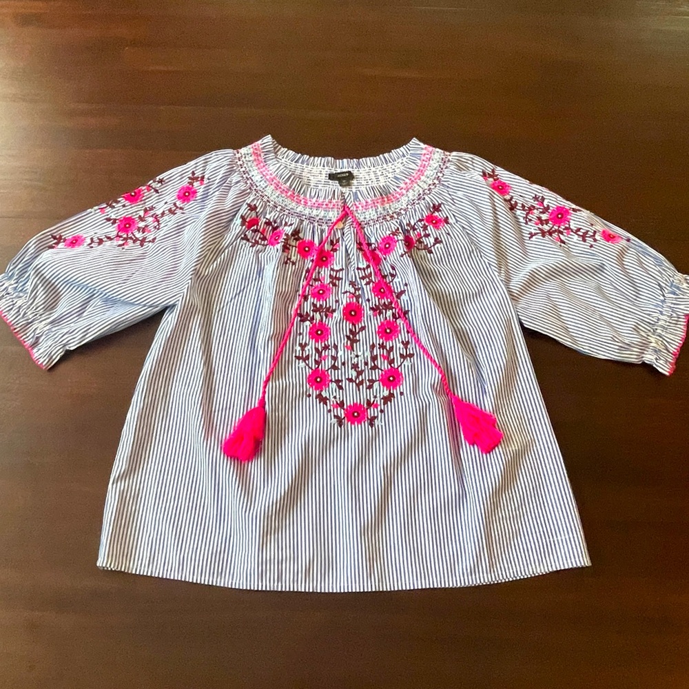Re-imagined by J.Crew Half Sleeve Blue and White Strip Floral Top